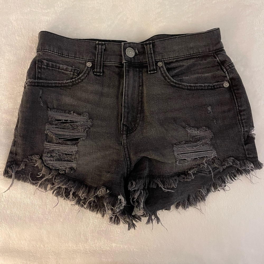 Express Faded Black Distressed Denim Shorts - Picture 3 of 8